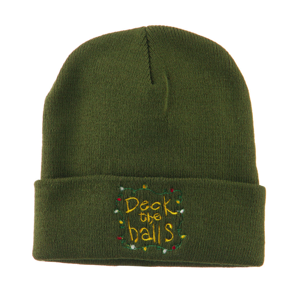 Deck the Halls with Lights Embroidered Beanie - Olive OSFM