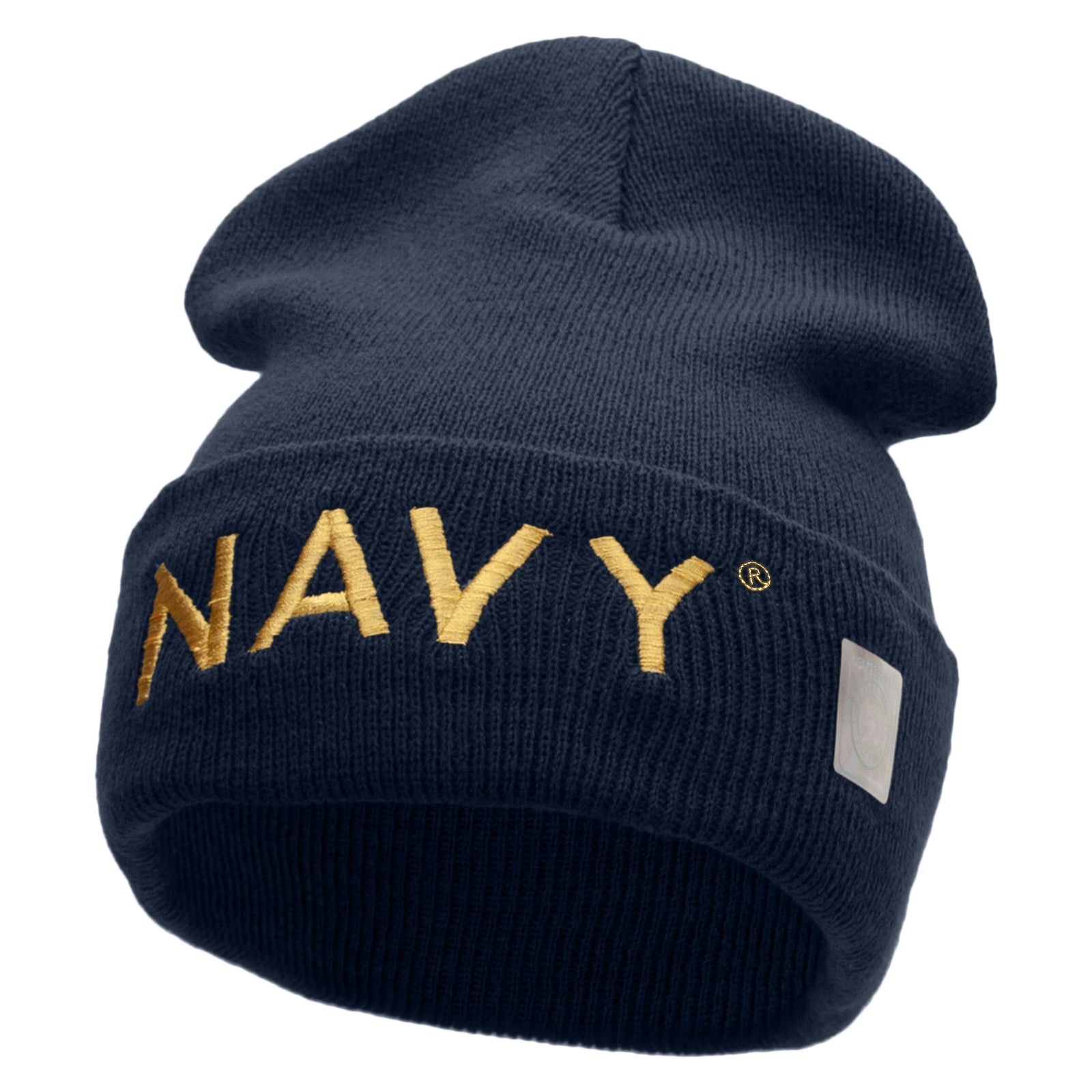 Licensed Navy Word Embroidered Long Beanie Made in USA - Navy OSFM