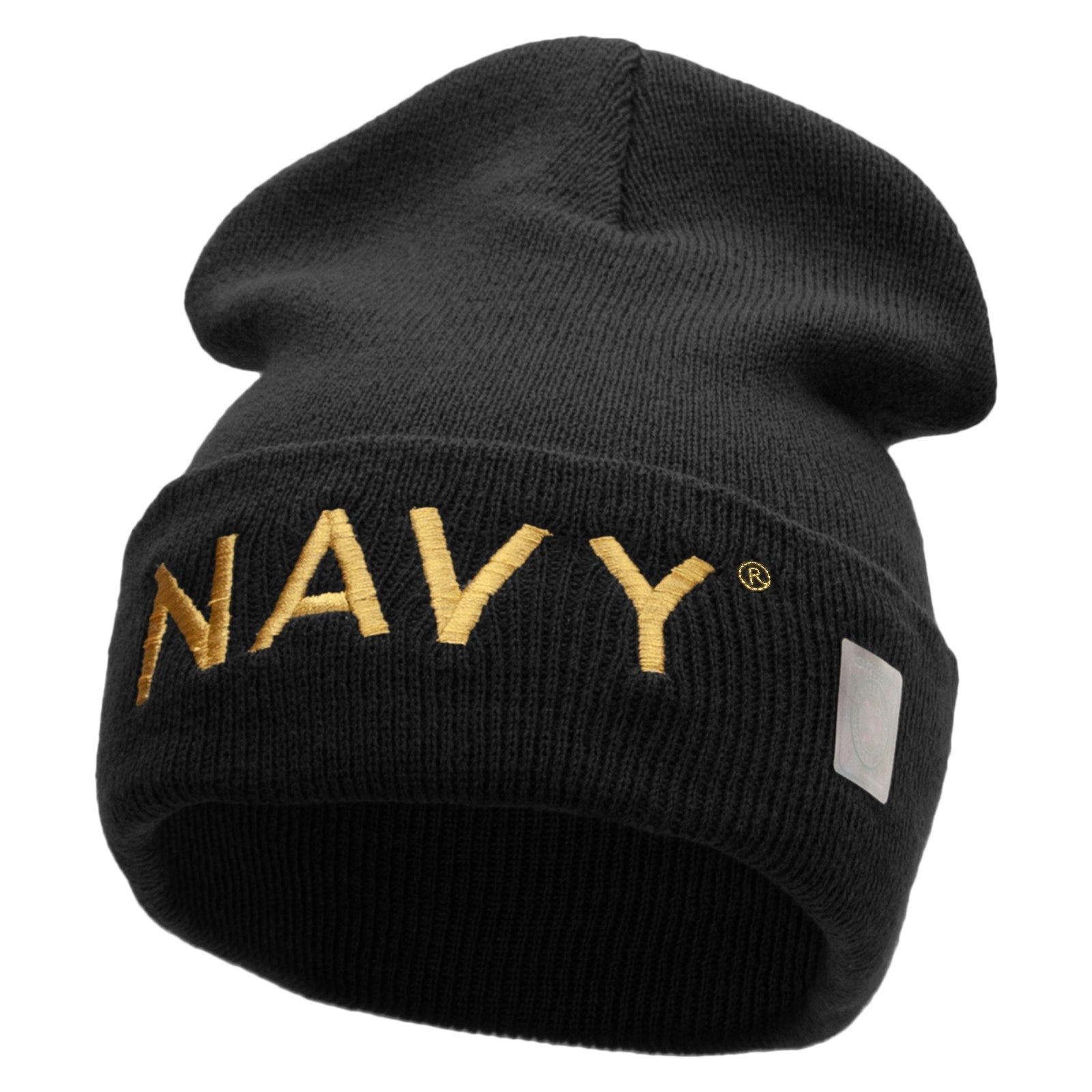 Licensed Navy Word Embroidered Long Beanie Made in USA - Black OSFM