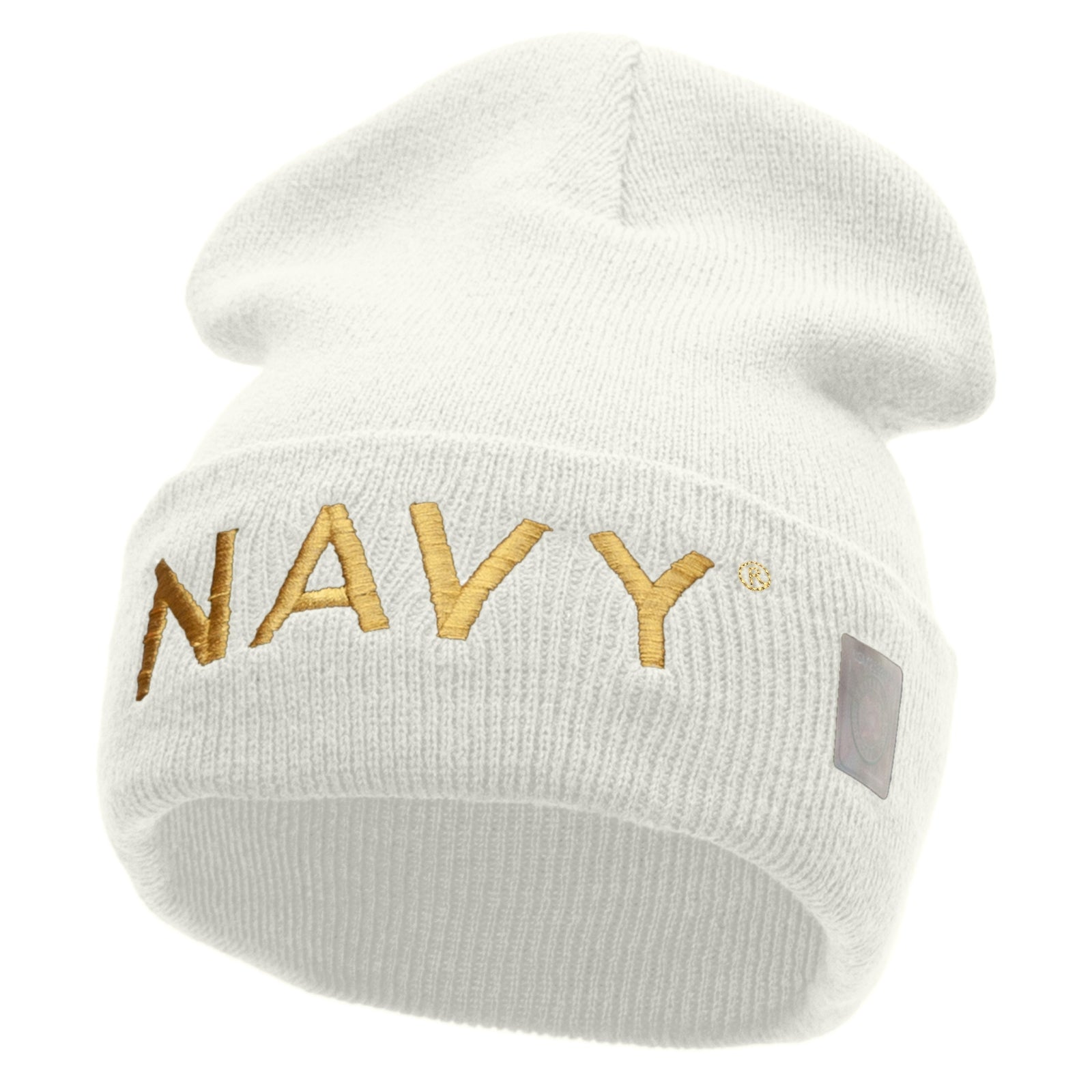 Licensed Navy Word Embroidered Long Beanie Made in USA - White OSFM