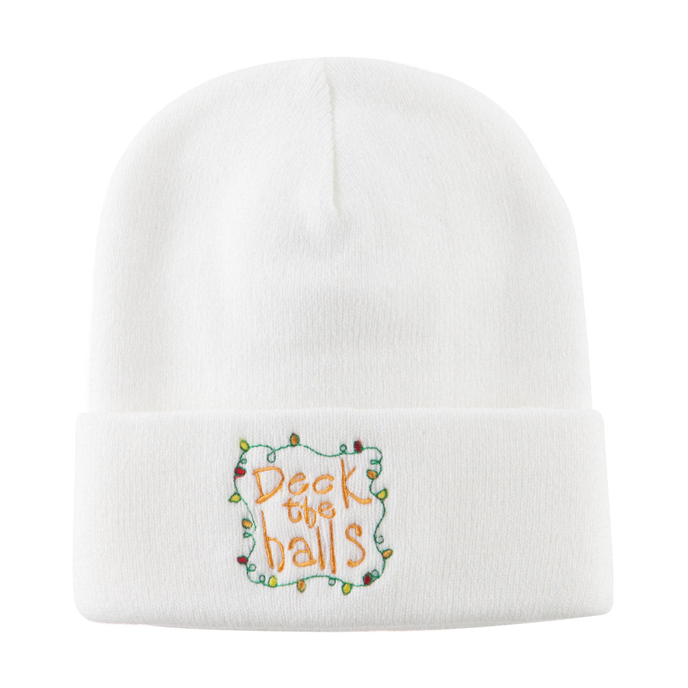 Deck the Halls with Lights Embroidered Beanie - White OSFM