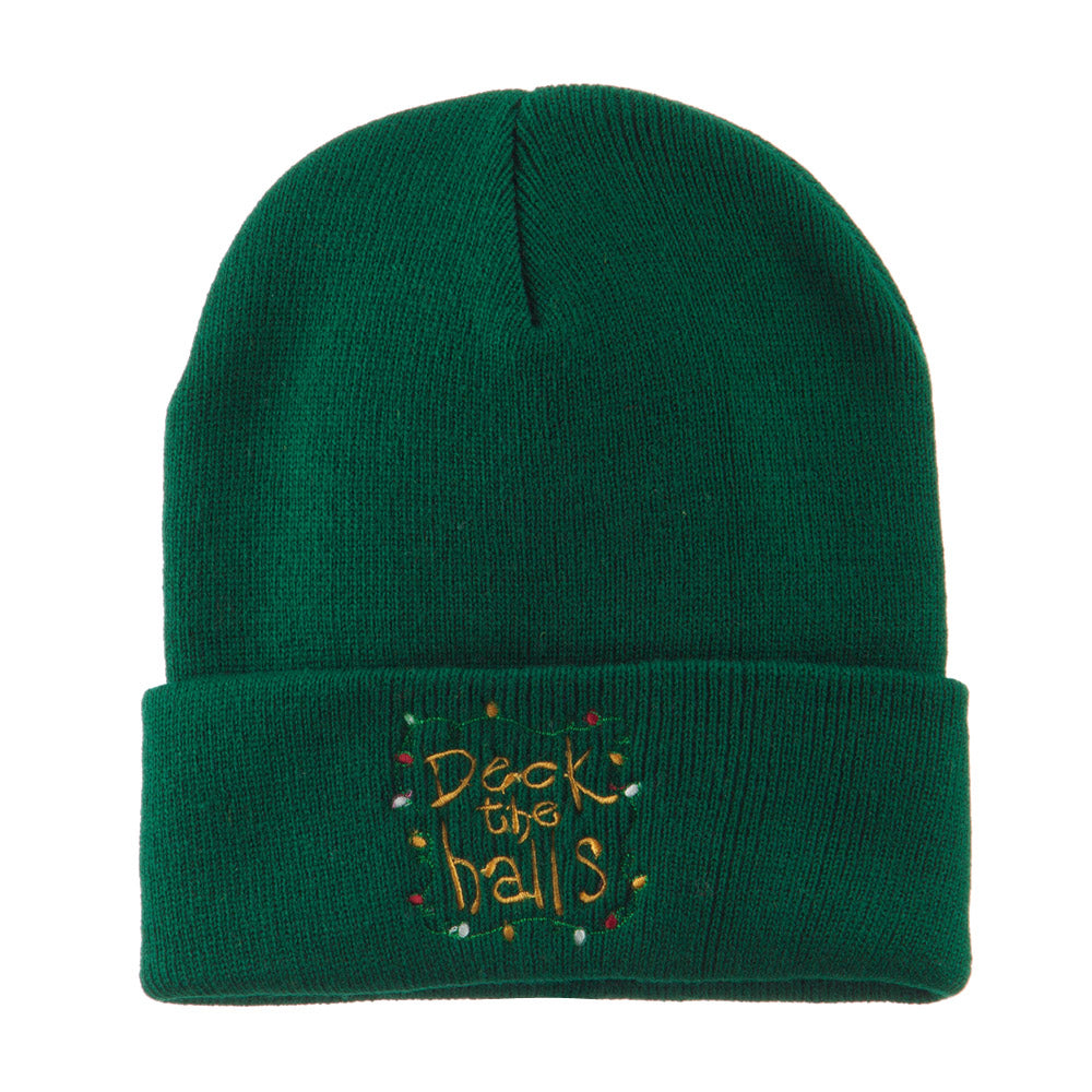 Deck the Halls with Lights Embroidered Beanie - Dark Green OSFM