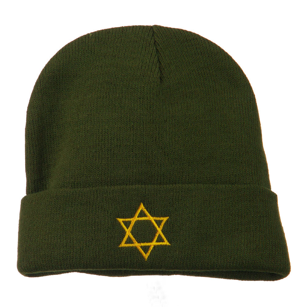 Star of David Embroidered Long Beanie - Olive OSFM