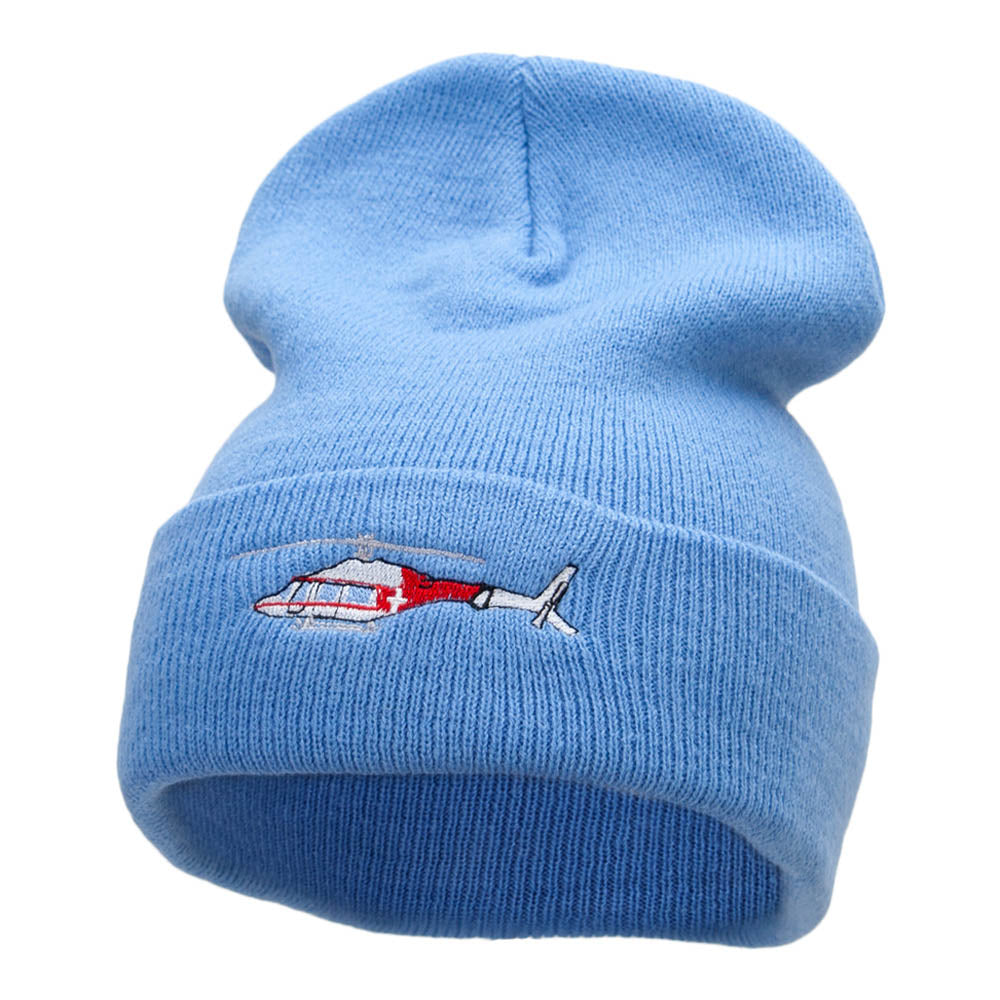 Medical Helicopter Embroidered Long Knitted Beanie - Sky Blue OSFM