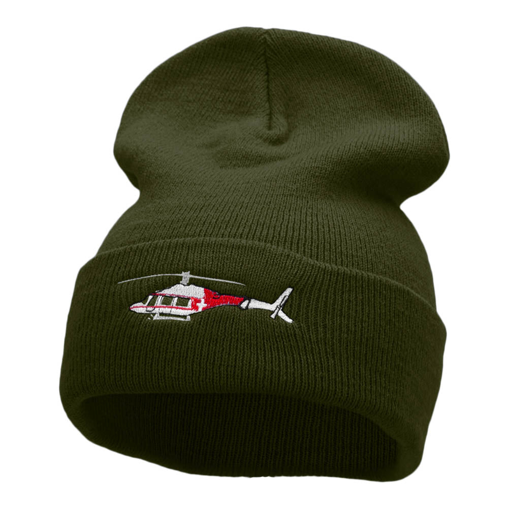 Medical Helicopter Embroidered Long Knitted Beanie - Olive OSFM