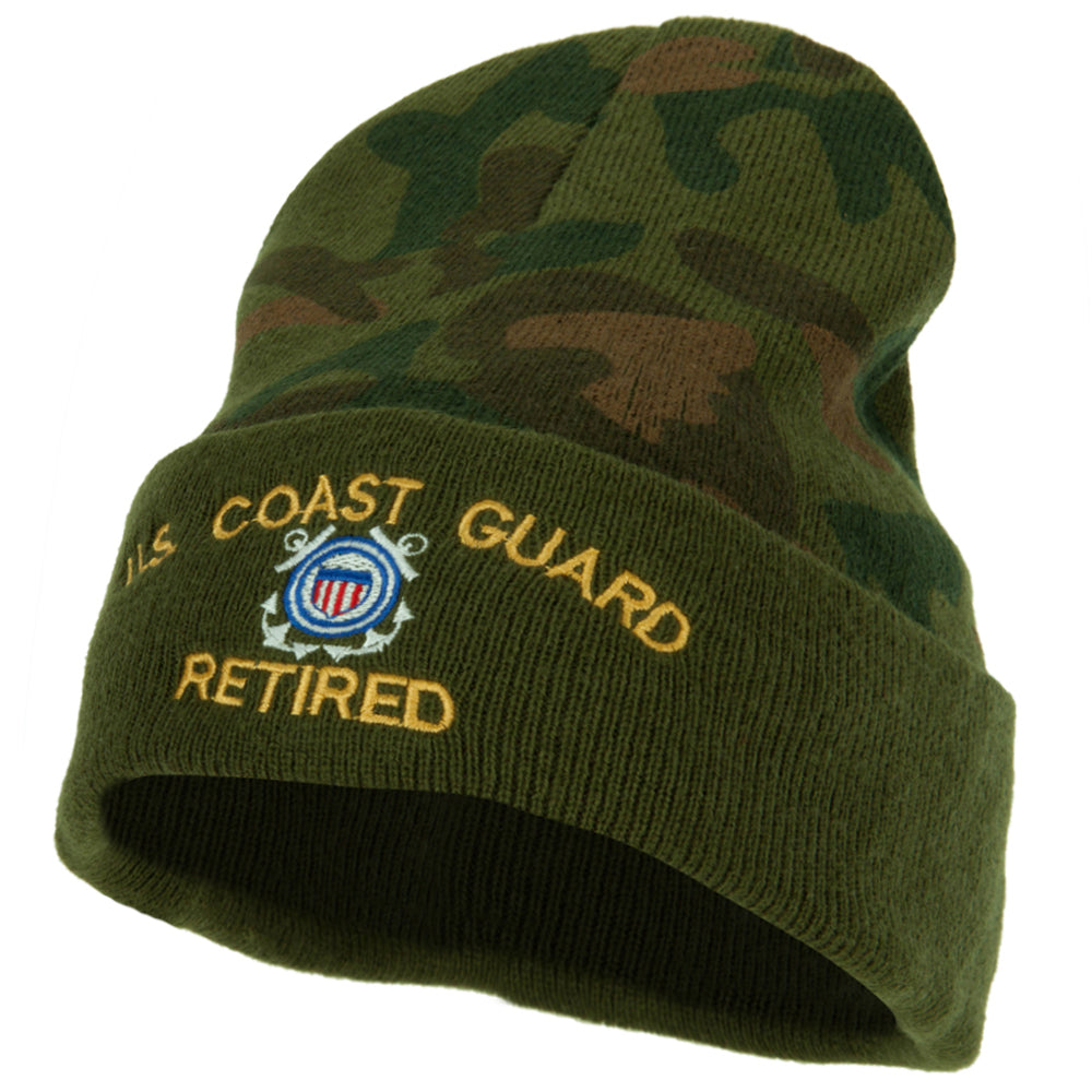 US Coast Guard Retired Logo Embroidered Camo Knit Long Cuff Beanie - Green OSFM