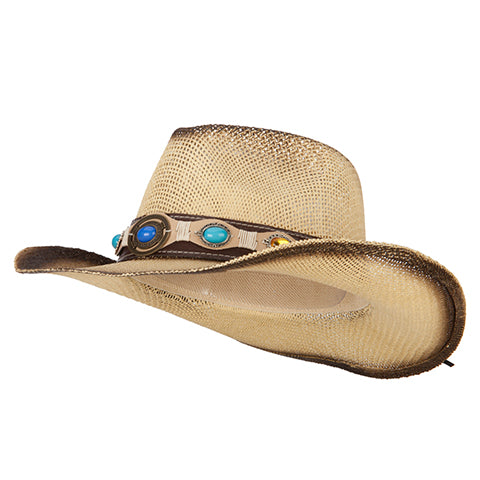 Pleather Precious Stone Accented Straw Cowboy Hat - Natural OSFM