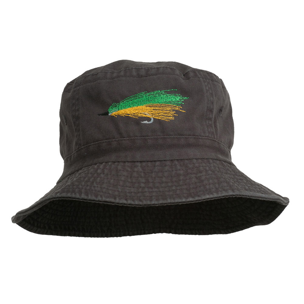 Fly Fishing Embroidered Washed Cotton Bucket Hat - Charcoal OSFM