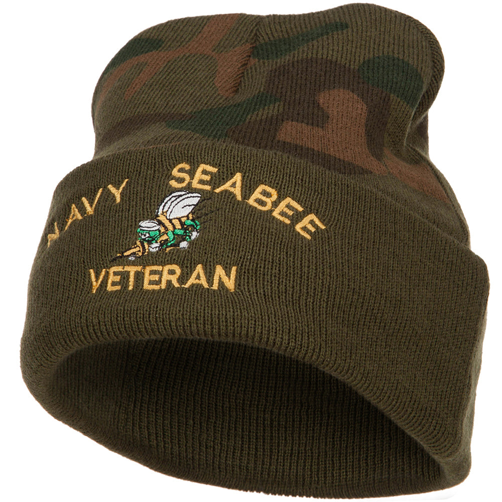 US Navy Seabee Veteran Military Embroidered Camo Knit Long Beanie - Green OSFM