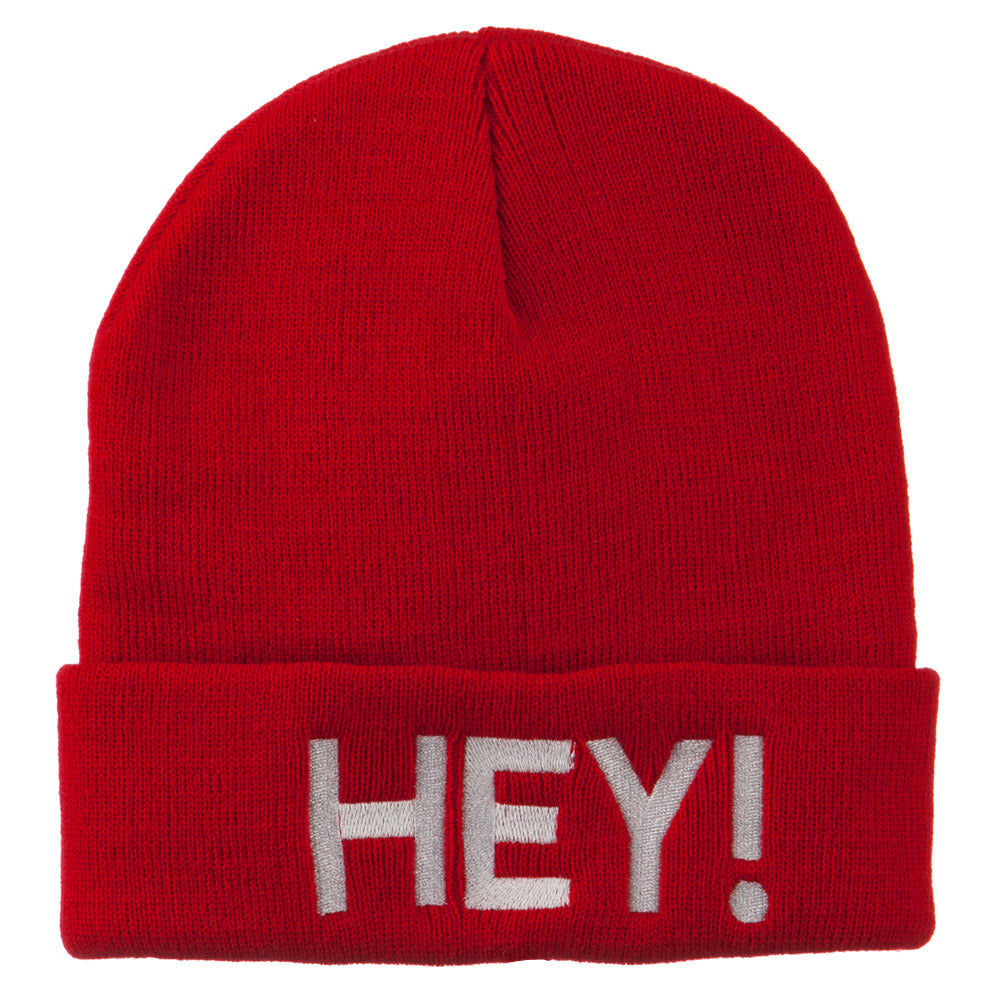 Hey Embroidered Long Cuff Beanie - Red OSFM