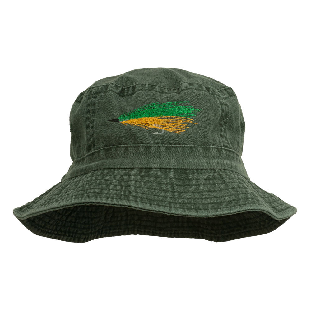 Fly Fishing Embroidered Washed Cotton Bucket Hat - Green OSFM