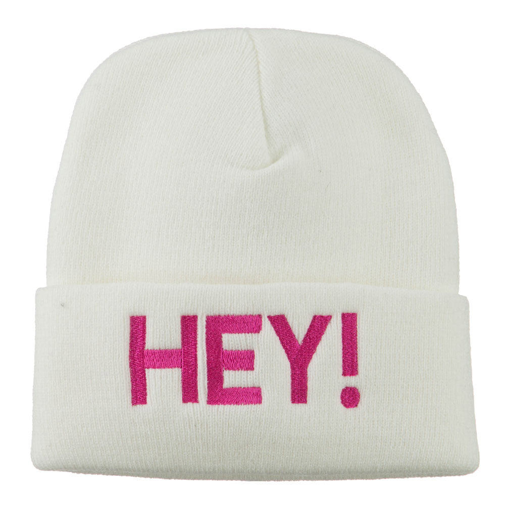 Hey Embroidered Long Cuff Beanie - White OSFM