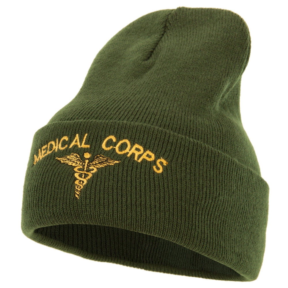 Medical Corps Embroidered Long Knitted Beanie - Olive OSFM