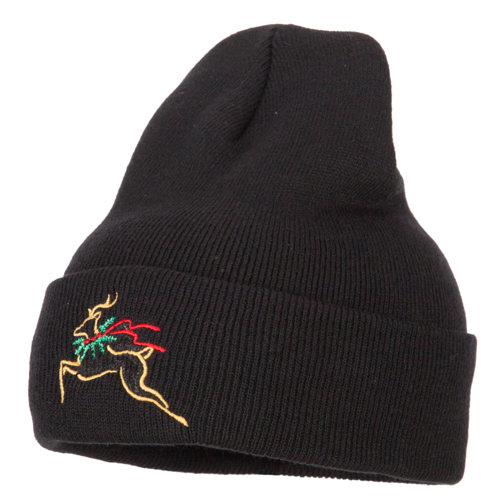 Reindeer Outline Embroidered Long Knitted Beanie - Black OSFM