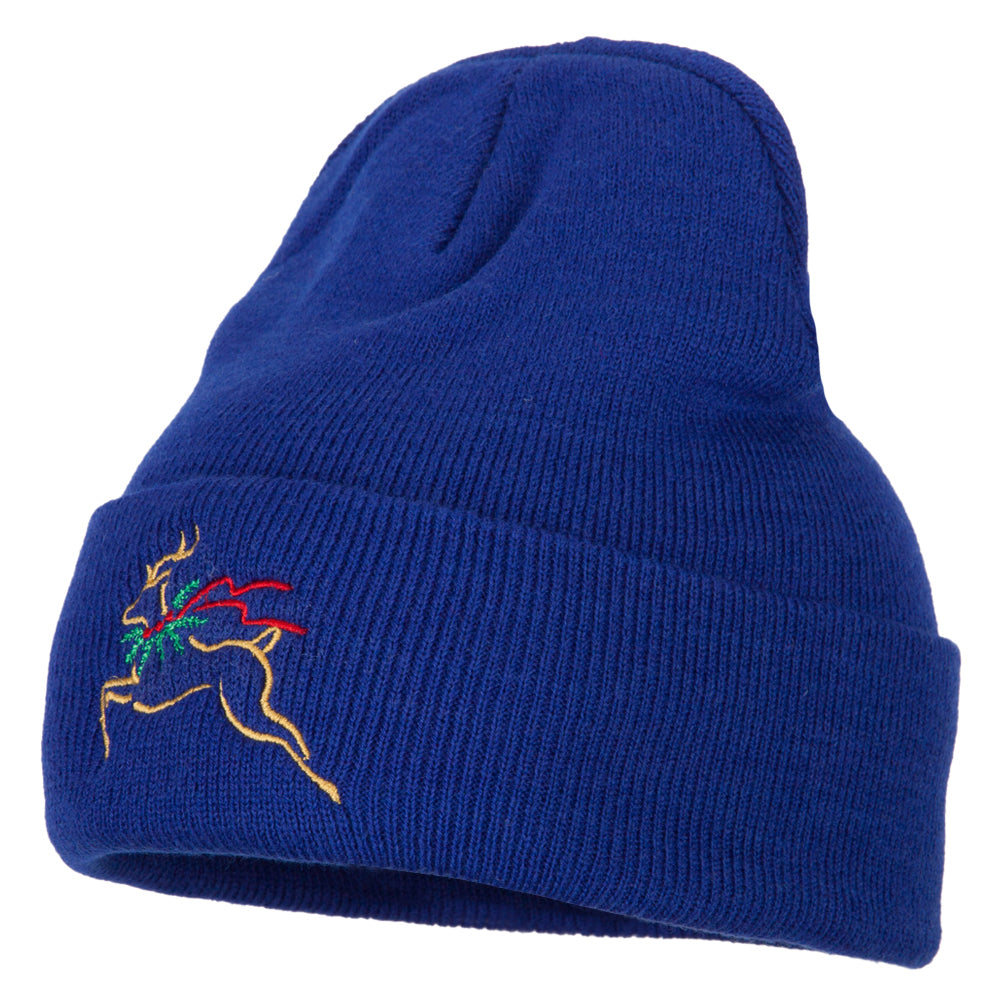 Reindeer Outline Embroidered Long Knitted Beanie - Royal OSFM