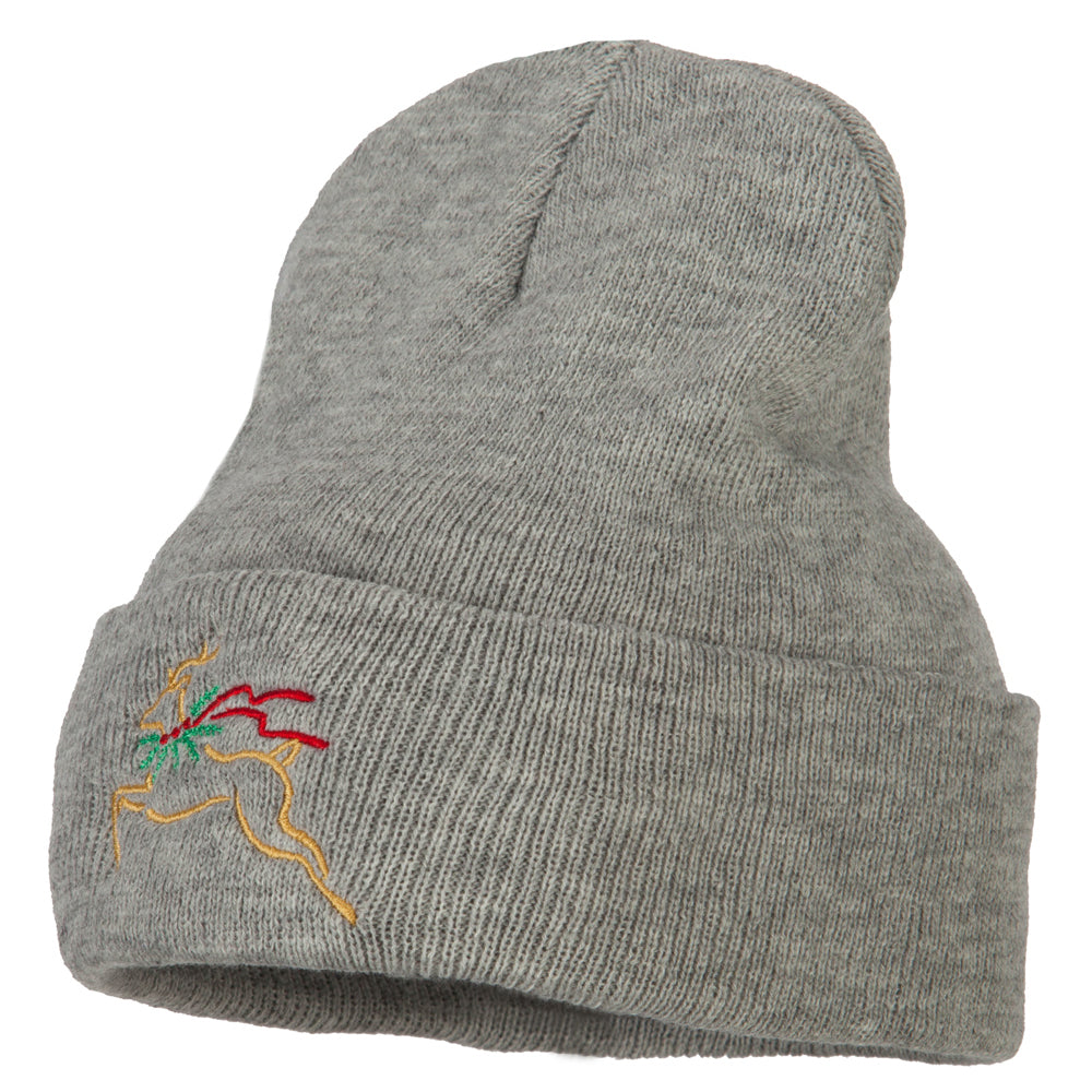 Reindeer Outline Embroidered Long Knitted Beanie - Heather Grey OSFM