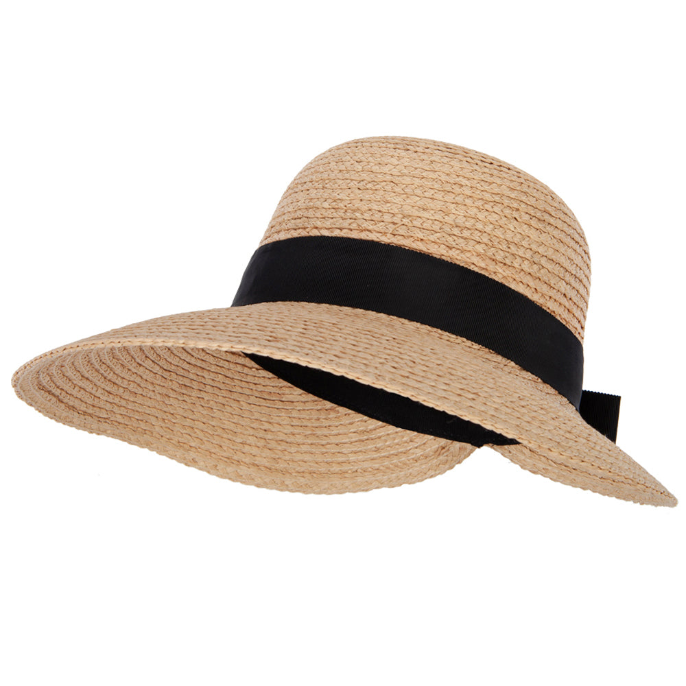 Women&#039;s Raffia Braid Bow Ribbon Band Accented Large Brim Sun Hat - Black Natural OSFM