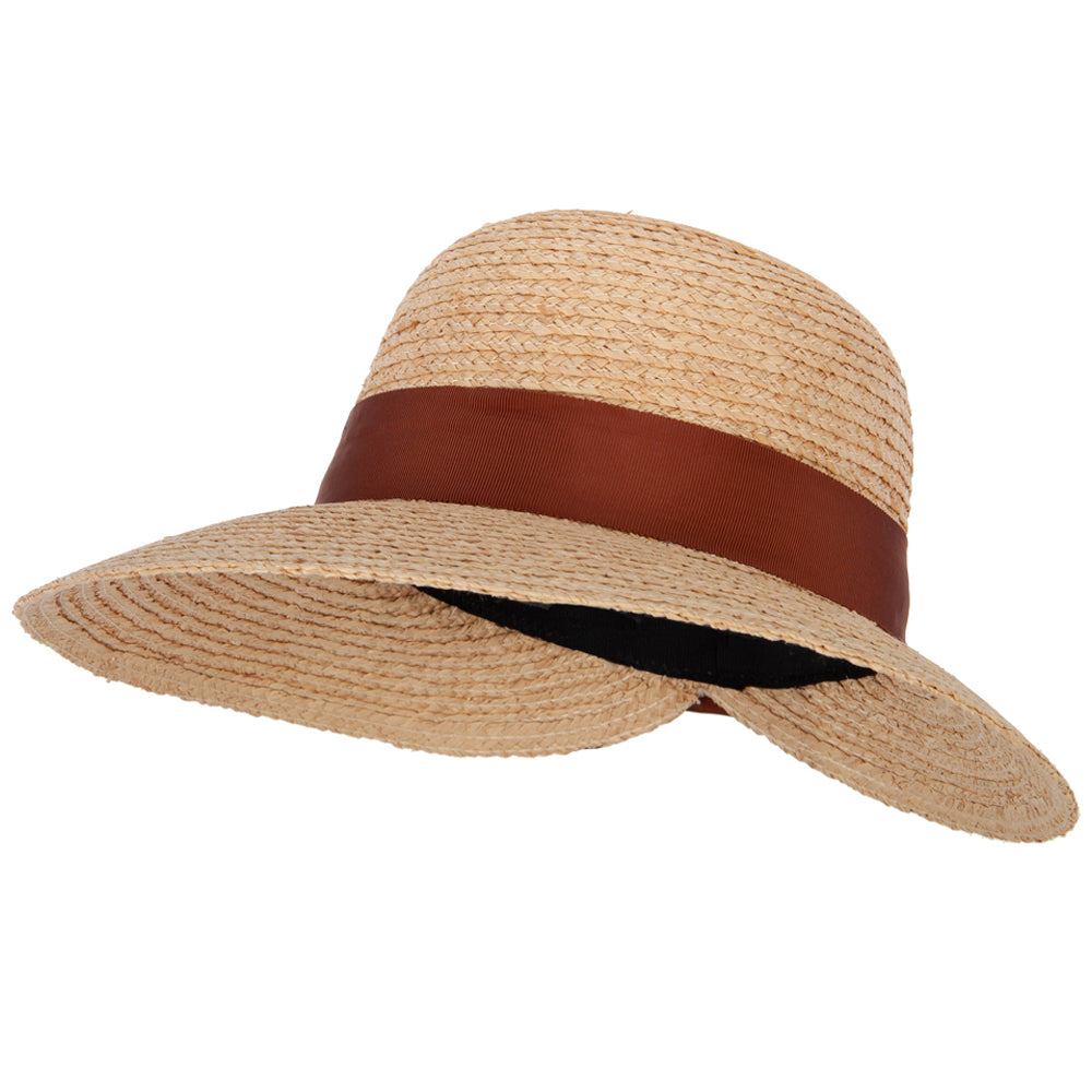 Women&#039;s Raffia Braid Bow Ribbon Band Accented Large Brim Sun Hat - Brown Natural OSFM