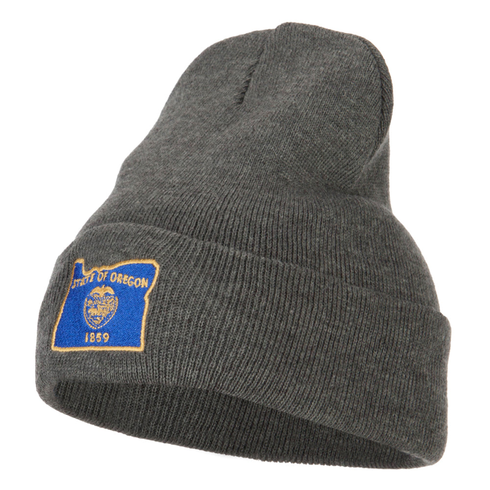 Oregon State Flag Map Embroidered Long Beanie - Dk Grey OSFM