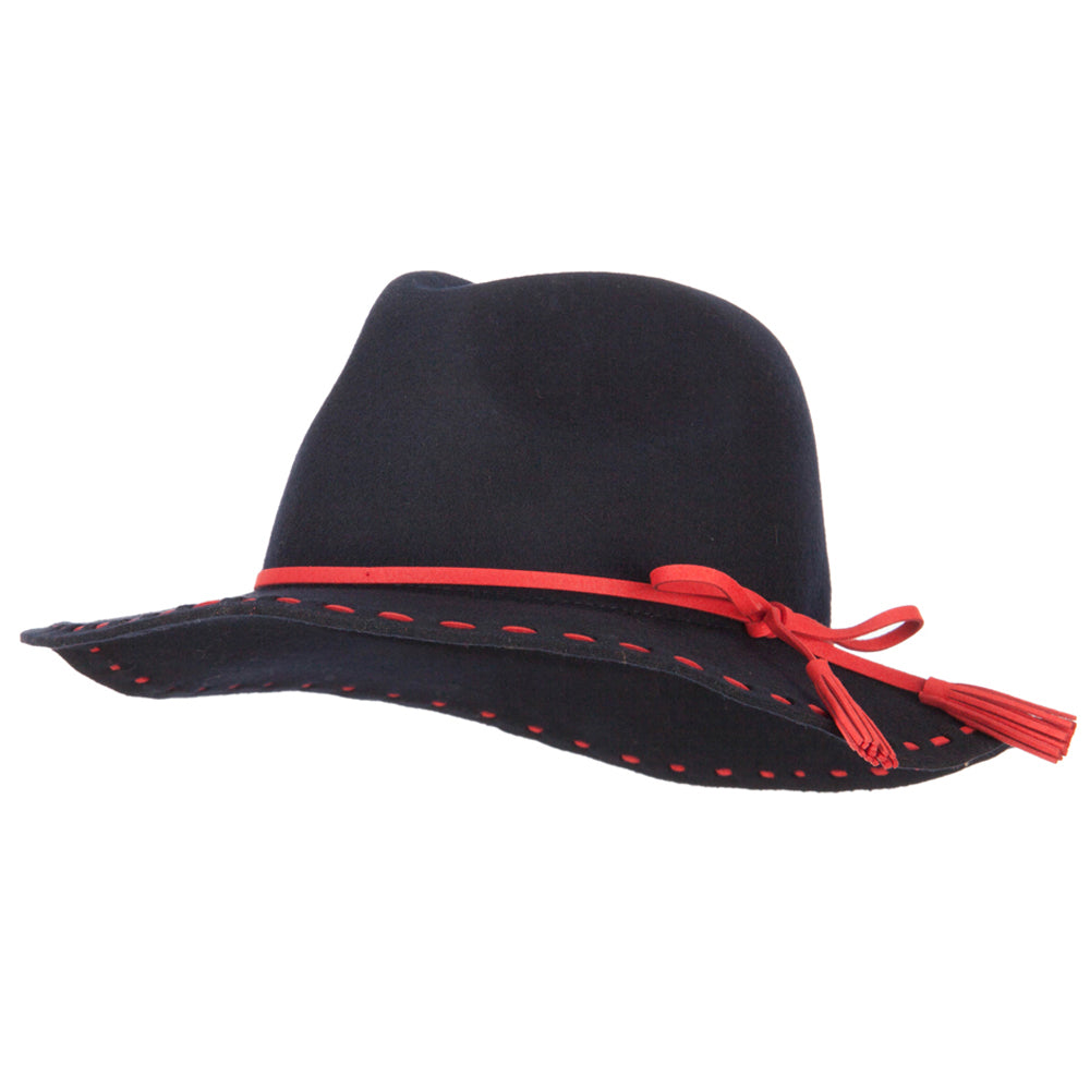 Women&#039;s Tassel Tie Trim Large Stitch Detailed Brim Wool Fedora Hat - Navy Red OSFM