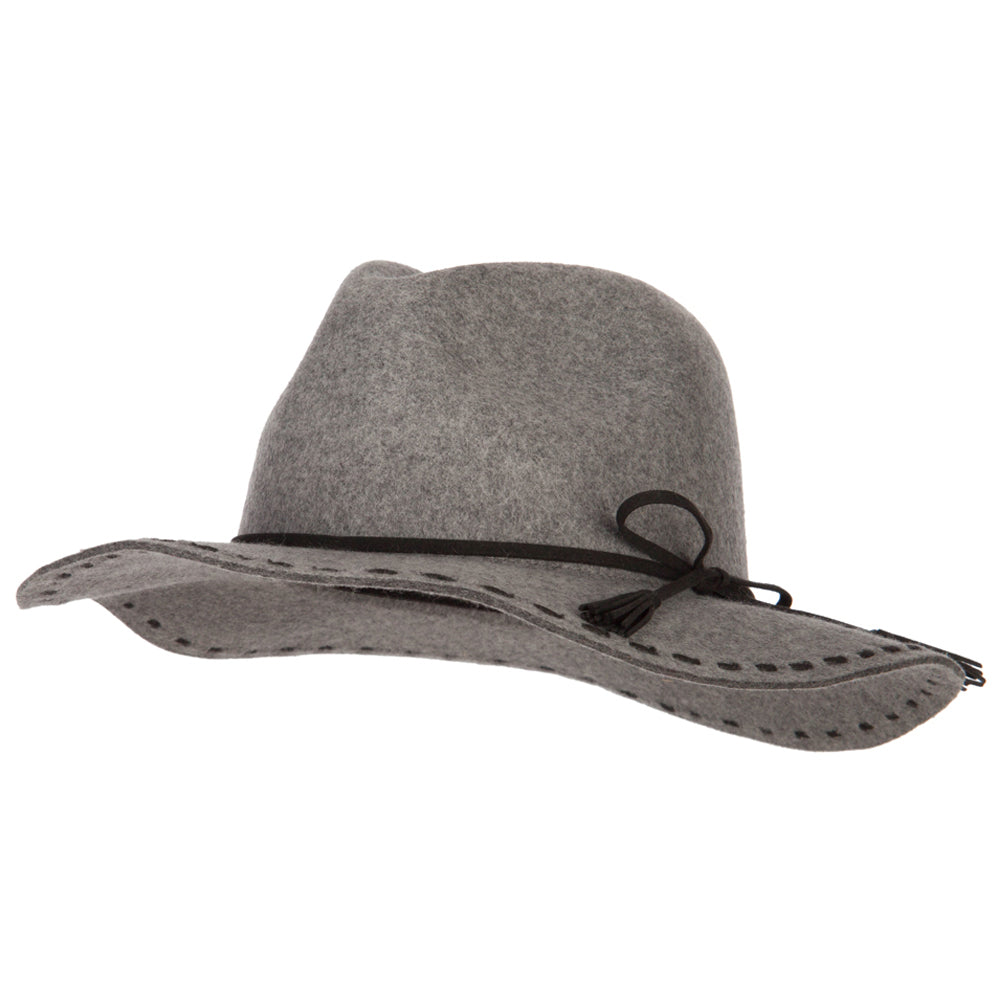 Women&#039;s Tassel Tie Trim Large Stitch Detailed Brim Wool Fedora Hat - Grey Black OSFM