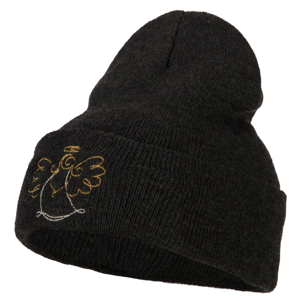 Glitter Angel Embroidered Long Knitted Beanie - Heather Charcoal OSFM