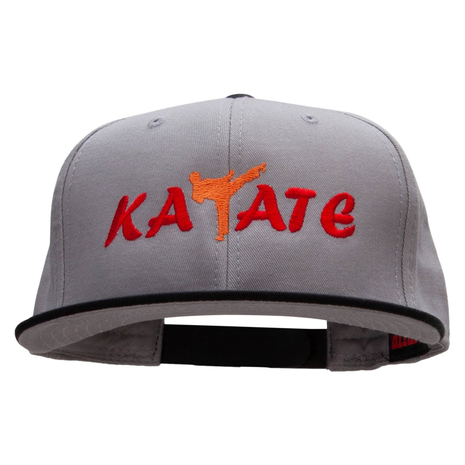 Orange Karate Kick Embroidered Two Tone Flat Bill Snapback - Black Grey OSFM