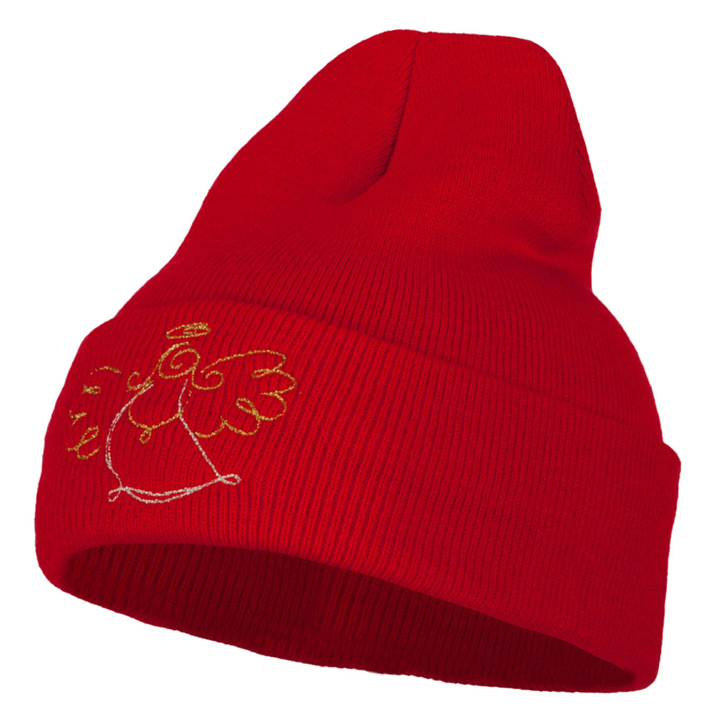 Glitter Angel Embroidered Long Knitted Beanie - Red OSFM