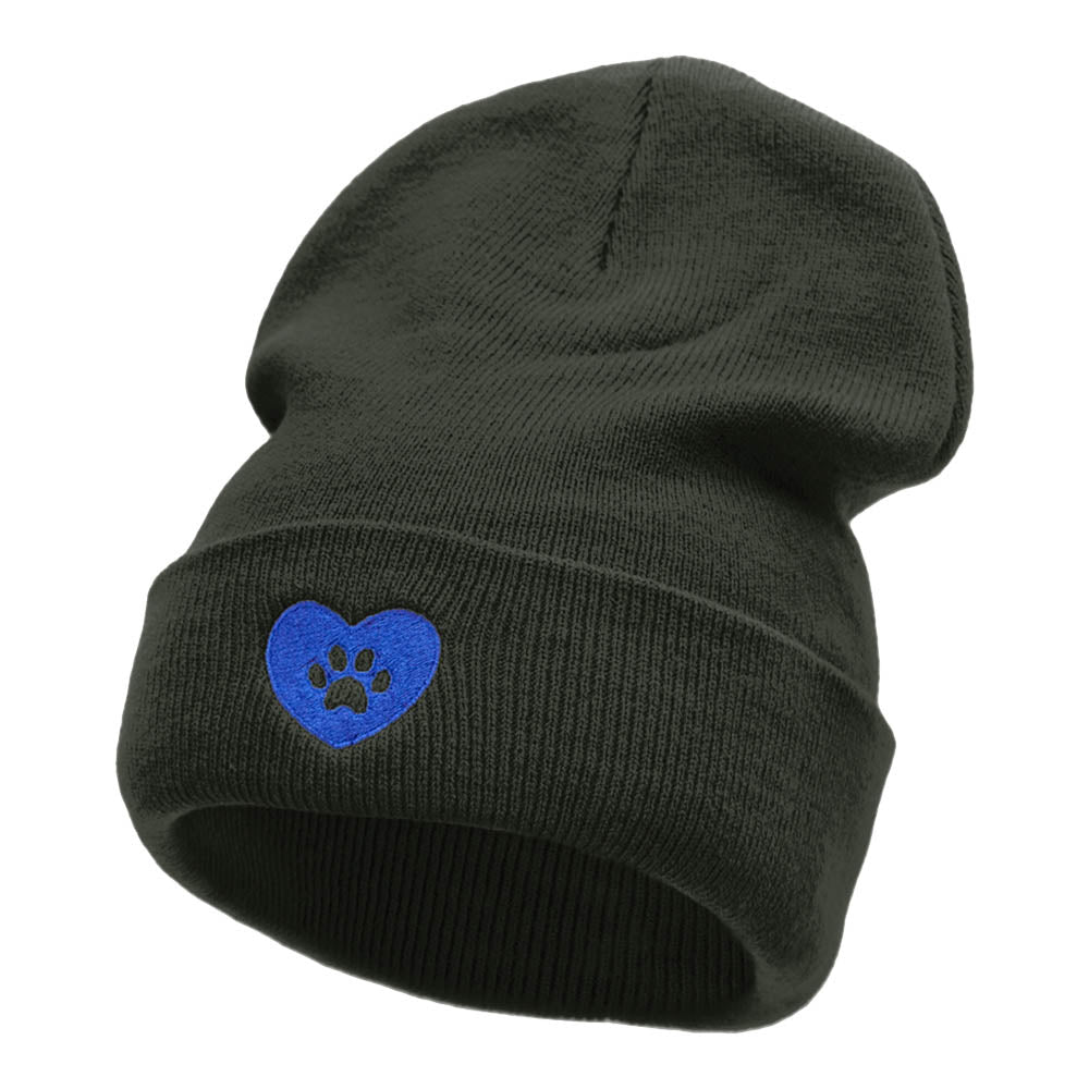 Pet Paw Love Embroidered Long Knitted Beanie - Dark Grey OSFM