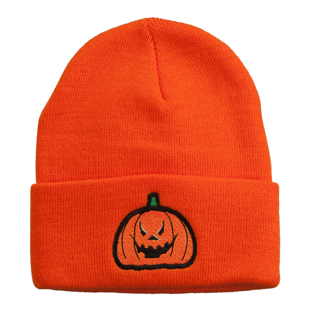 Halloween Evil Jack o Lantern Embroidered Long Beanie - Orange OSFM