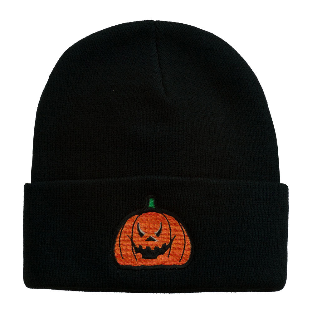 Halloween Evil Jack o Lantern Embroidered Long Beanie - Black OSFM