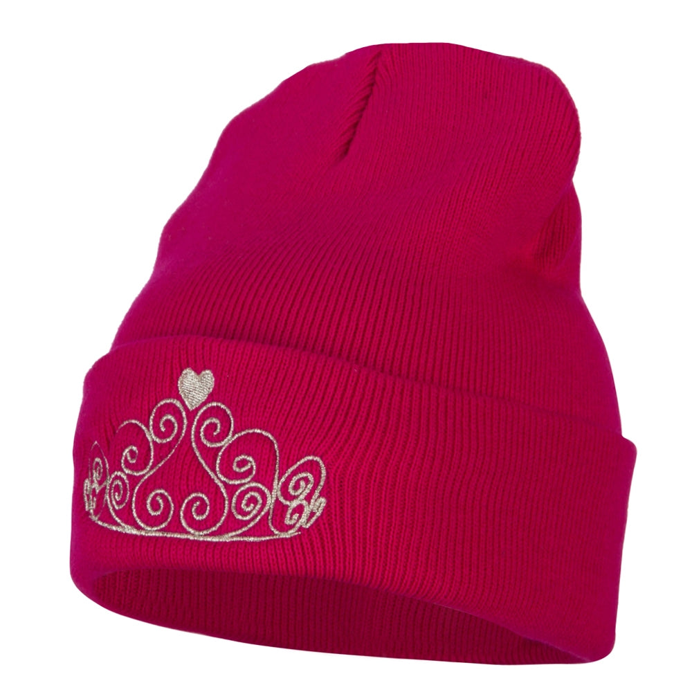 Glitter Tiara Embroidered Knitted Long Beanie - Magenta OSFM