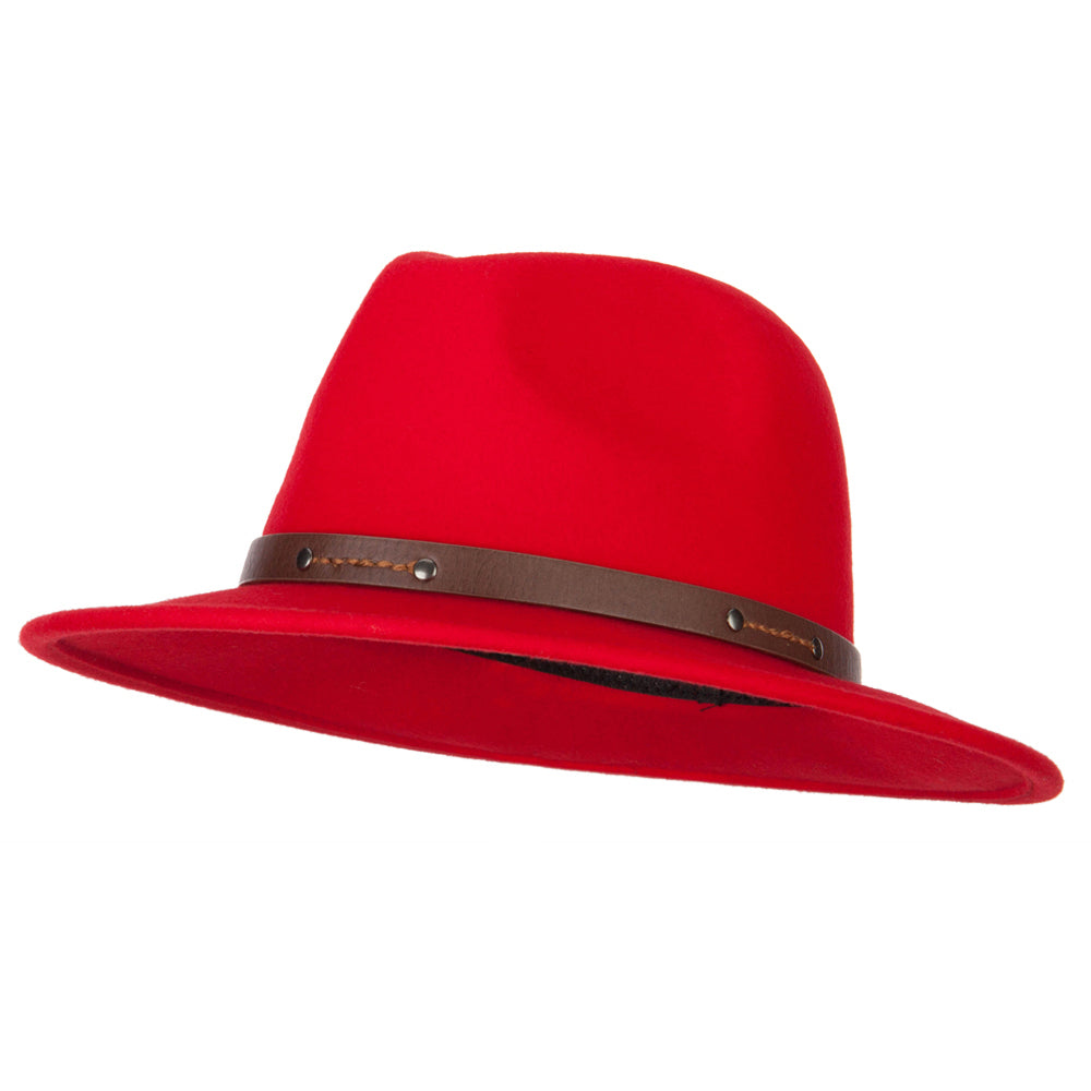 Women&#039;s Wool Leatherette Buckle Band Accented Large Brim Fedora Hat - Red OSFM