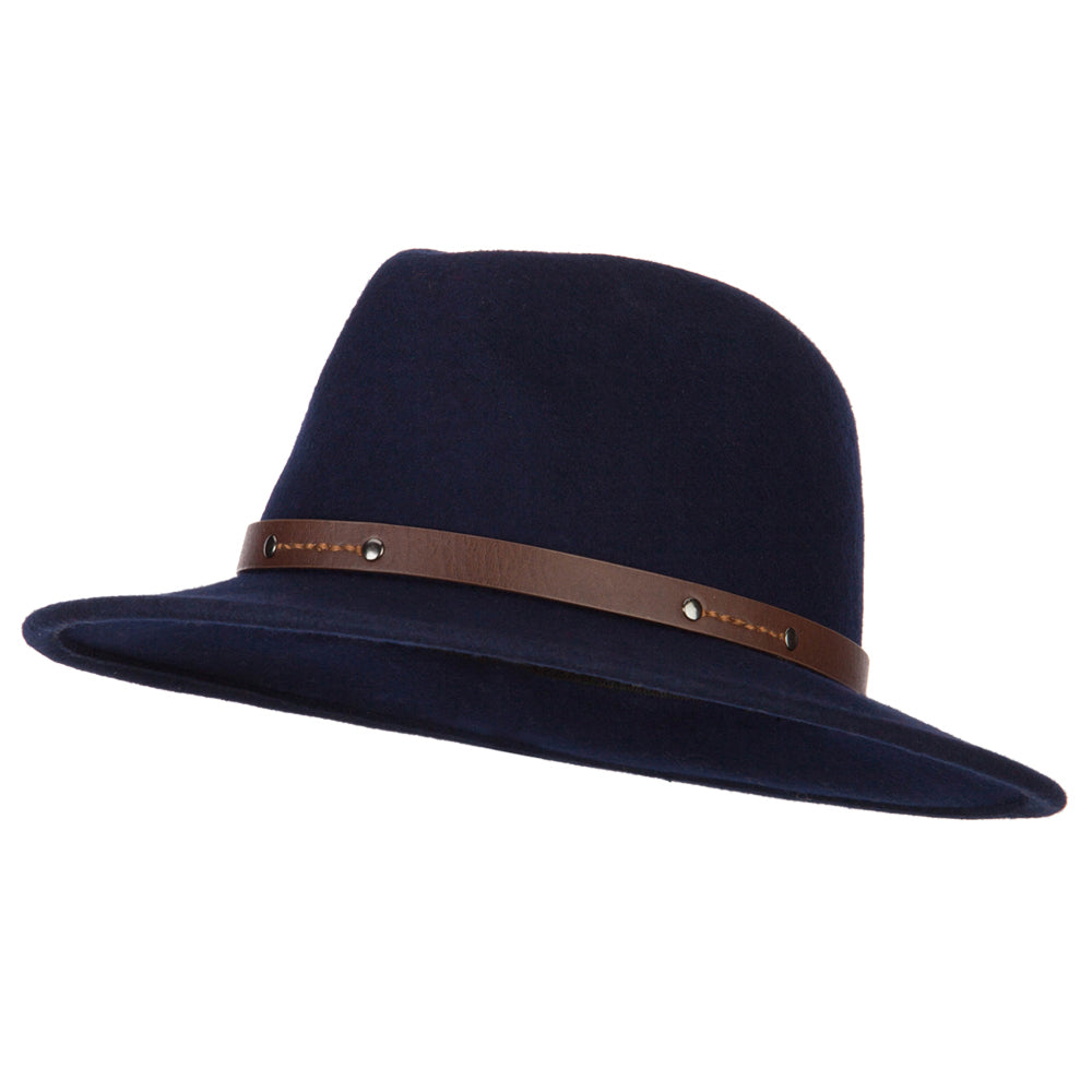 Women&#039;s Wool Leatherette Buckle Band Accented Large Brim Fedora Hat - Dk Blue OSFM