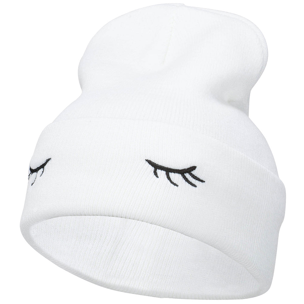 Eyelashes Embroidered 12 Inch Long Beanie - White OSFM