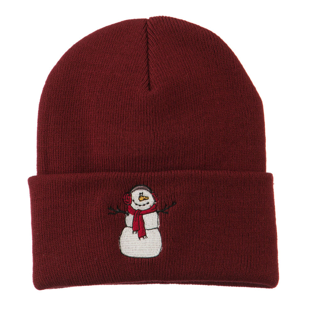 Snowman Scarf Earmuff Embroidered Beanie - Maroon OSFM