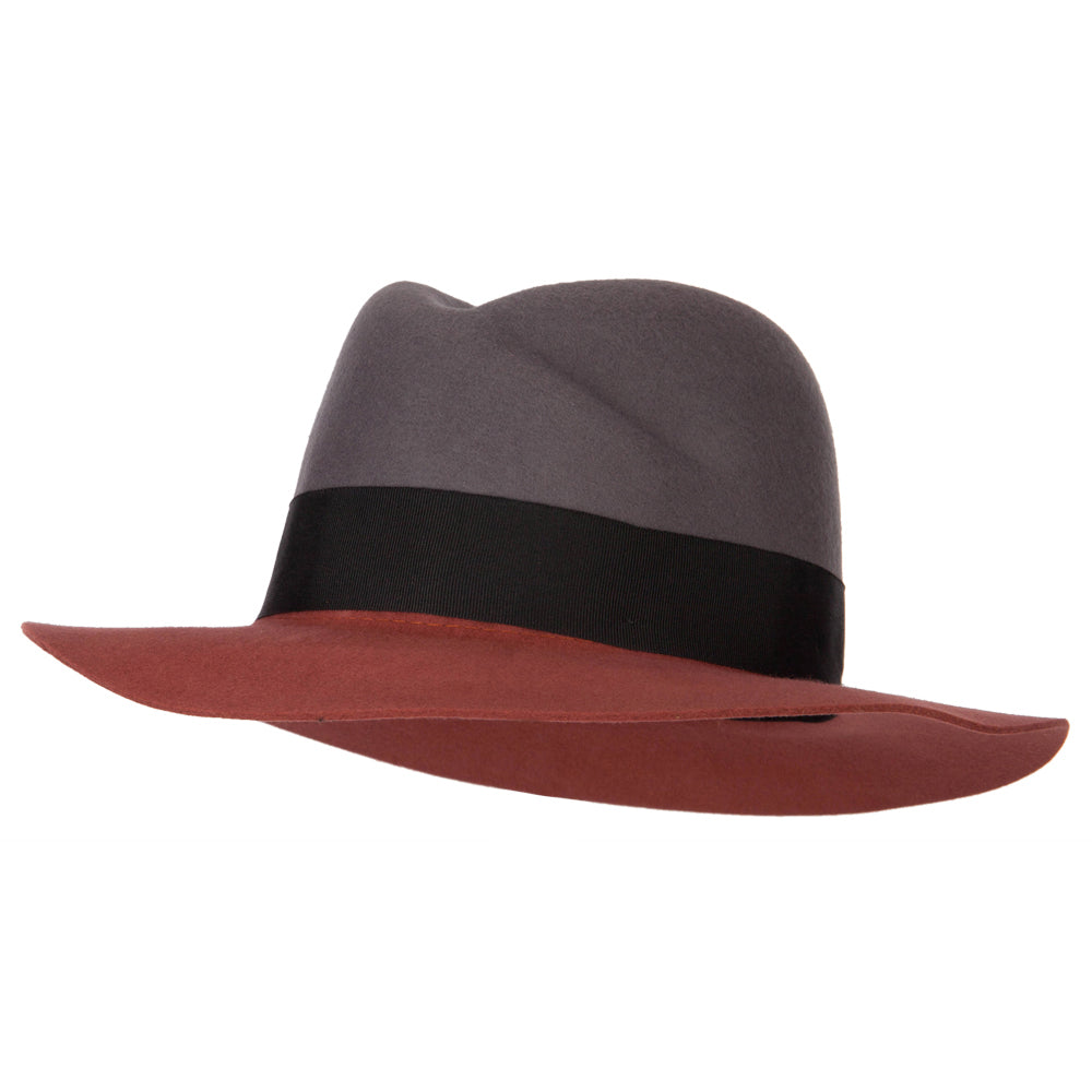 Women&#039;s Wool Wide Grosgrain Ribbon Band Trim Creased Crown Fedora Hat - Grey Apricot OSFM