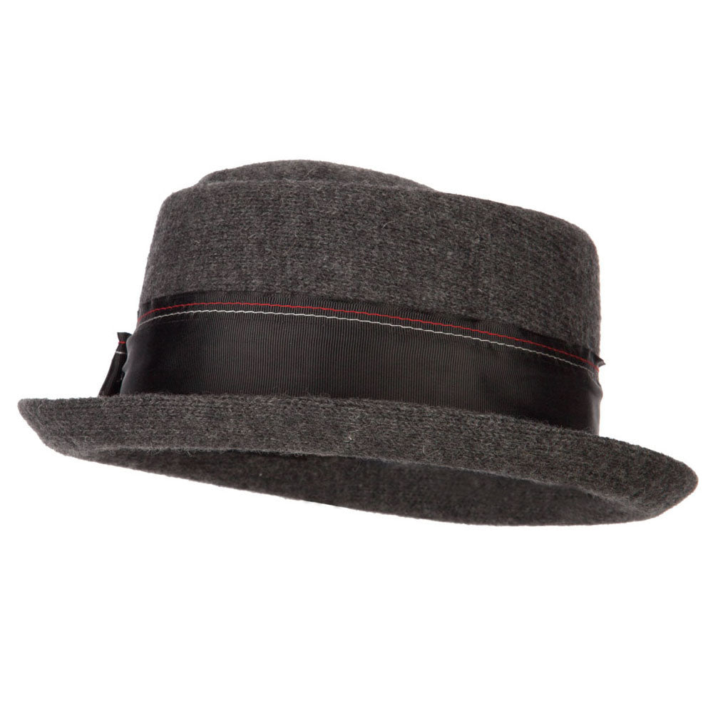 Women&#039;s Wool Blend Ribbon Band and Bow Trim Pork Pie Fedora Hat - Dk Grey OSFM