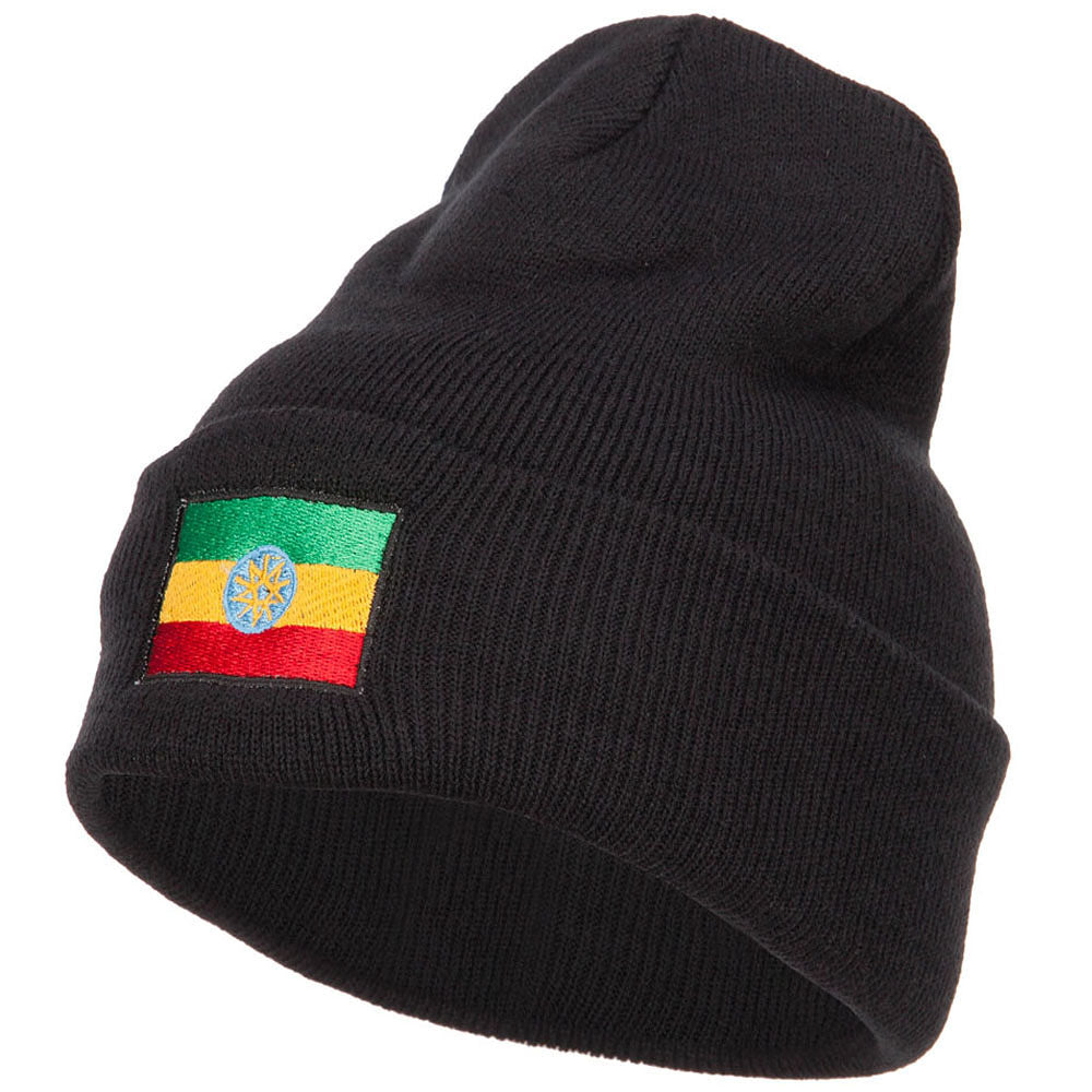 Ethiopia Flag Embroidered Long Beanie - Black OSFM