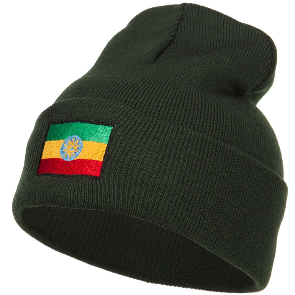 Ethiopia Flag Embroidered Long Beanie - Olive OSFM