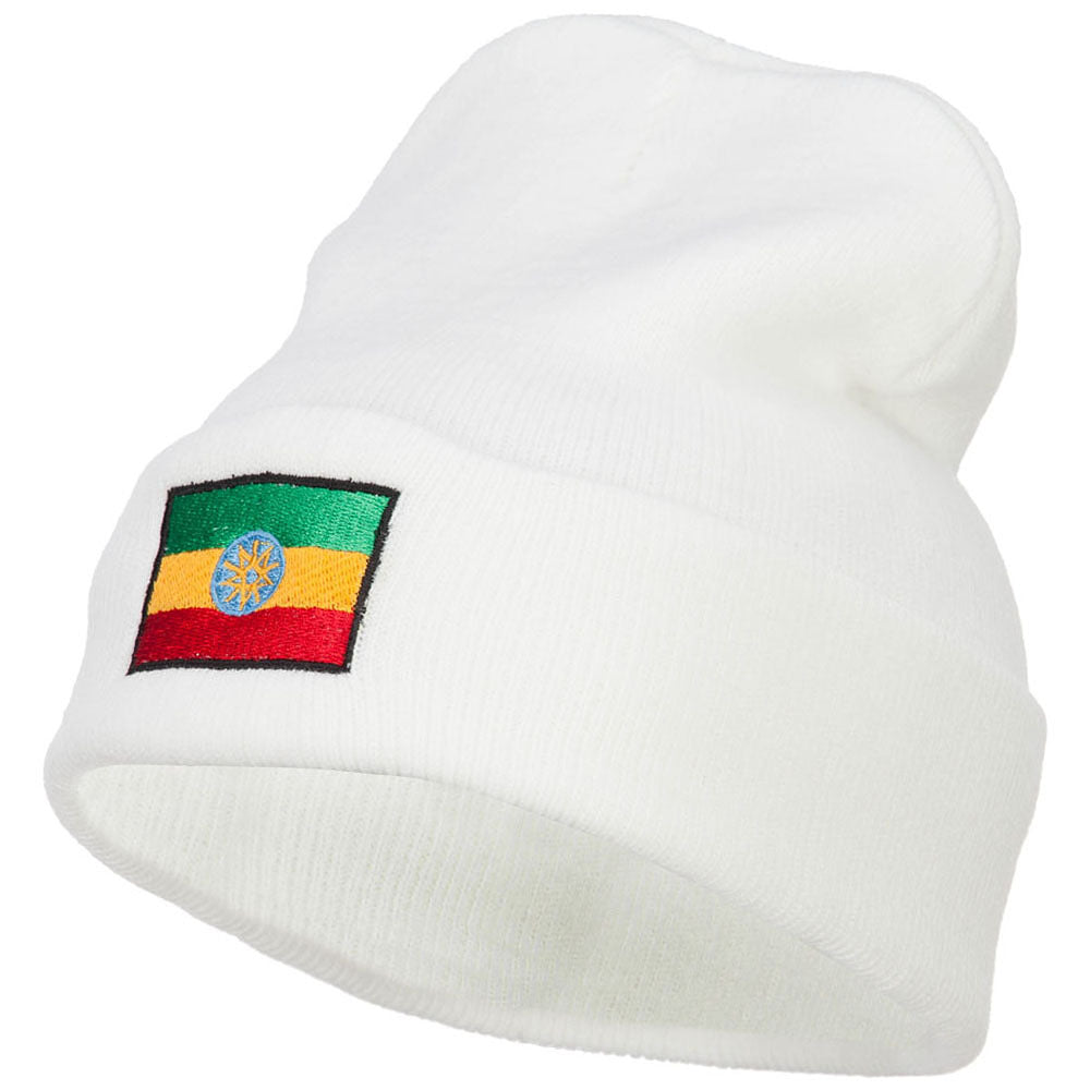 Ethiopia Flag Embroidered Long Beanie - White OSFM