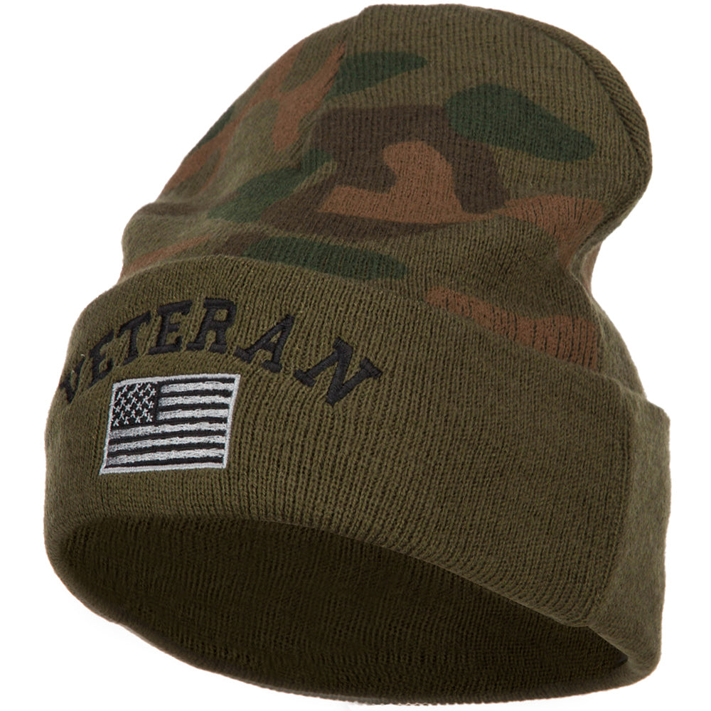 Veteran USA Flag Embroidered Camo Long Beanie - Green OSFM