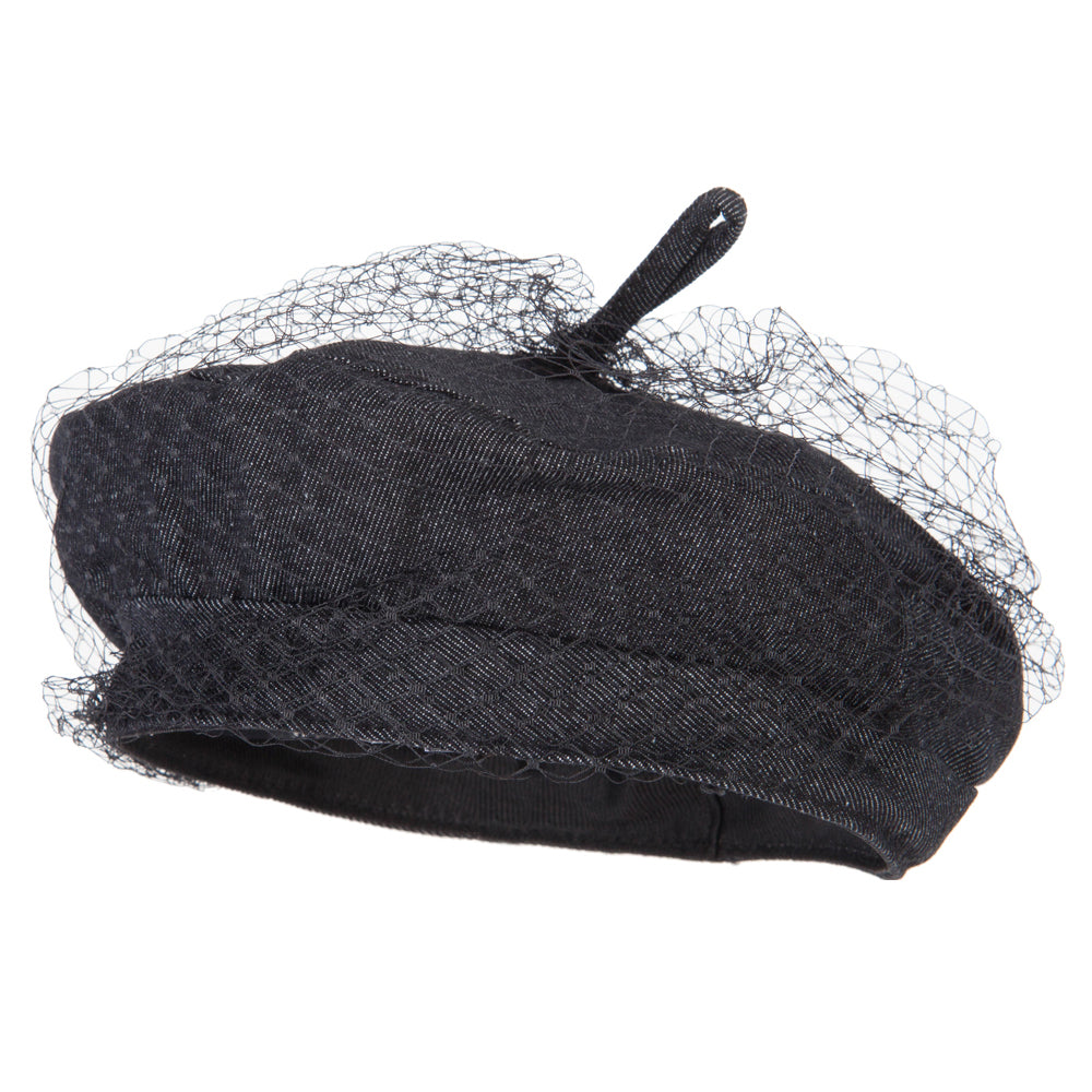 Women&#039;s Netting Accented Denim Cotton Beret Hat - Black OSFM