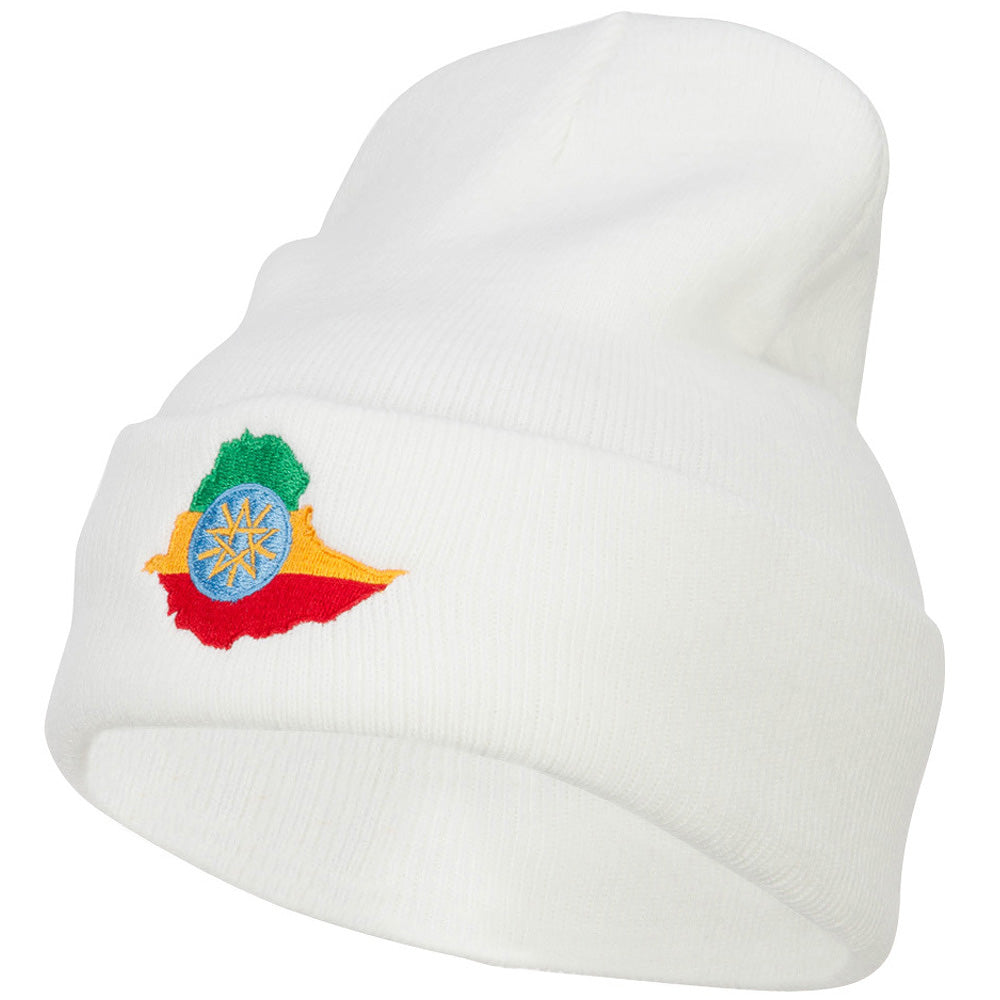 Ethiopia Flag Map Embroidered Long Beanie - White OSFM