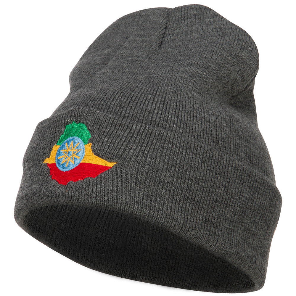 Ethiopia Flag Map Embroidered Long Beanie - Dk Grey OSFM