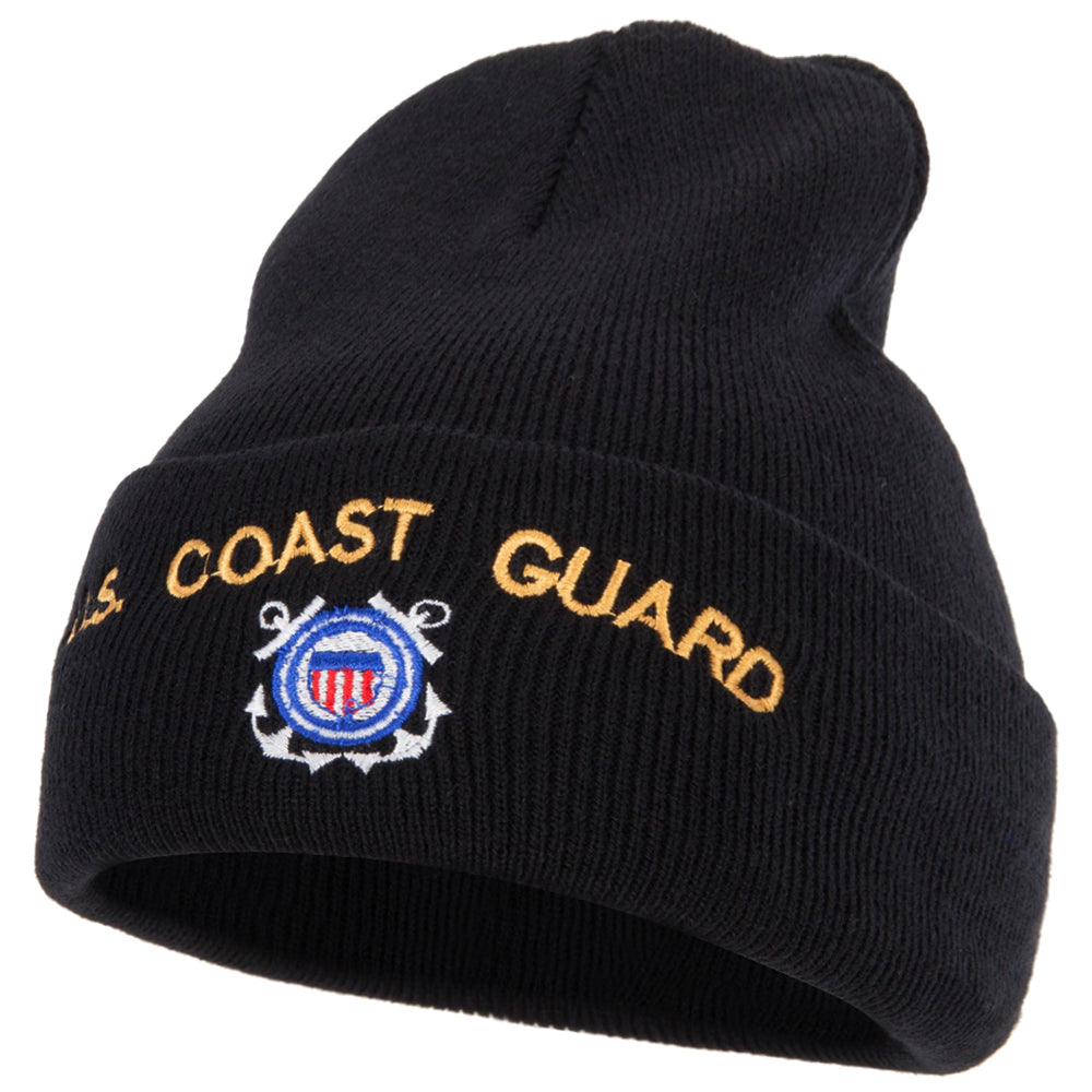 US Coast Guard Logo Embroidered 12 Inch Long Knitted Beanie - Black OSFM