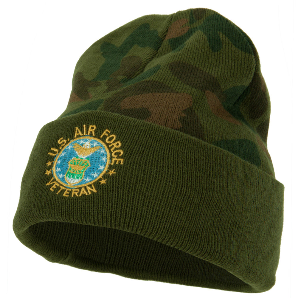 US Air Force Veteran Circle Embroidered Camo Long Beanie - Green OSFM