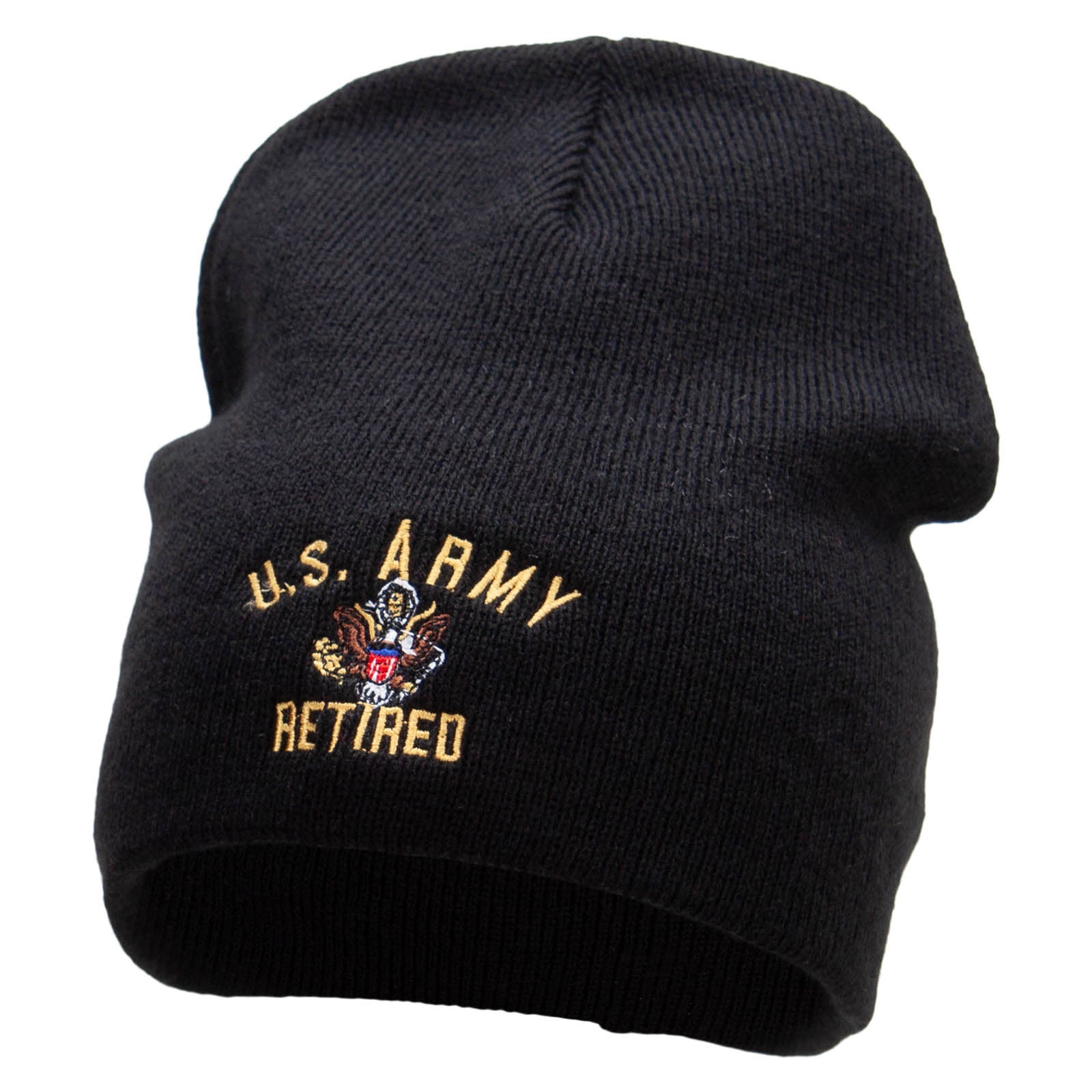 US Army Retired Military Embroidered Big Size 8 Inch New Solid Color Short Beanie - Black XL-3XL