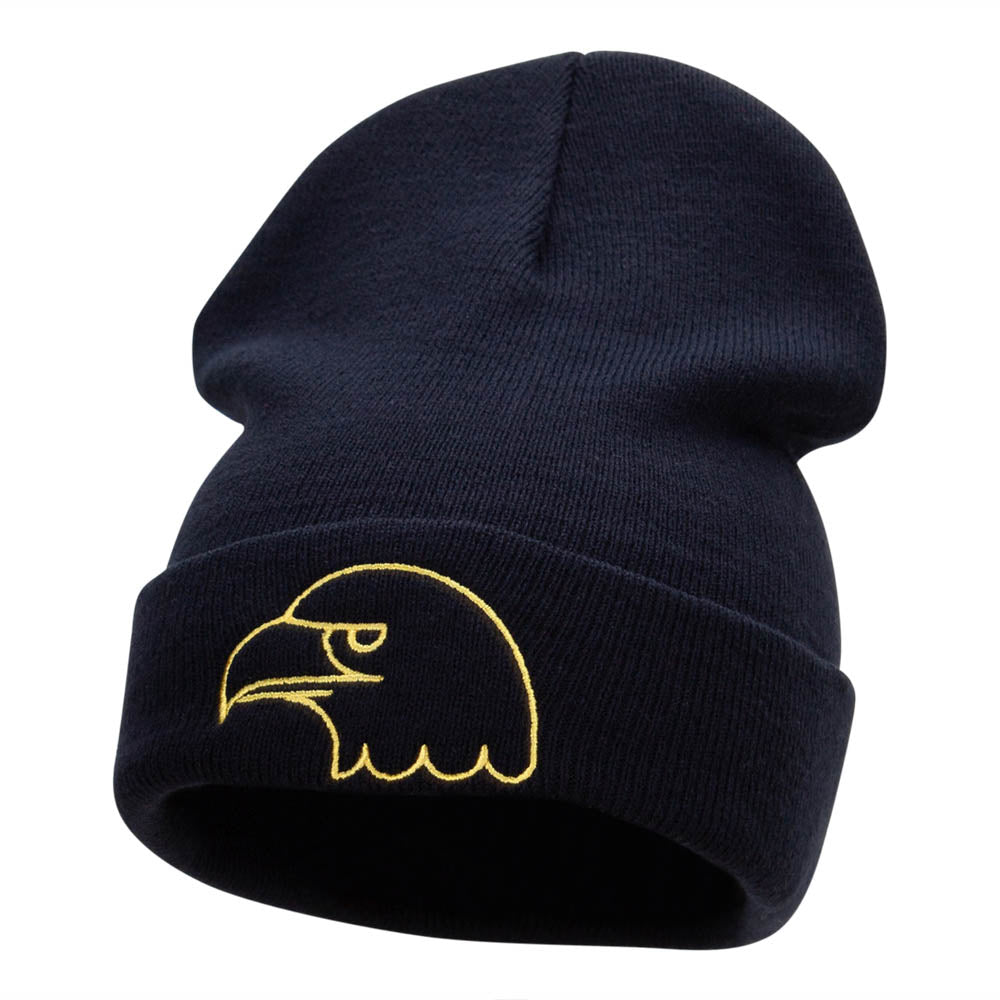 Gold Eagle Head Embroidered Long Knitted Beanie - Navy OSFM
