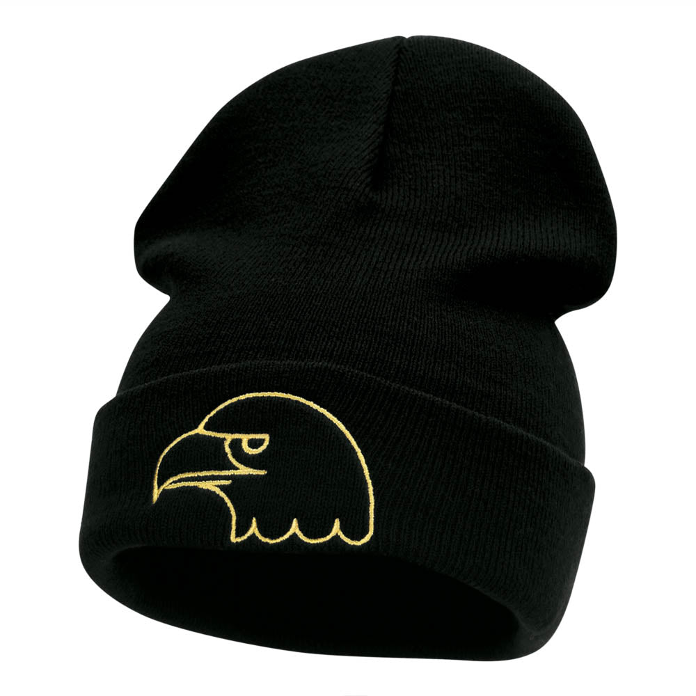 Gold Eagle Head Embroidered Long Knitted Beanie - Black OSFM